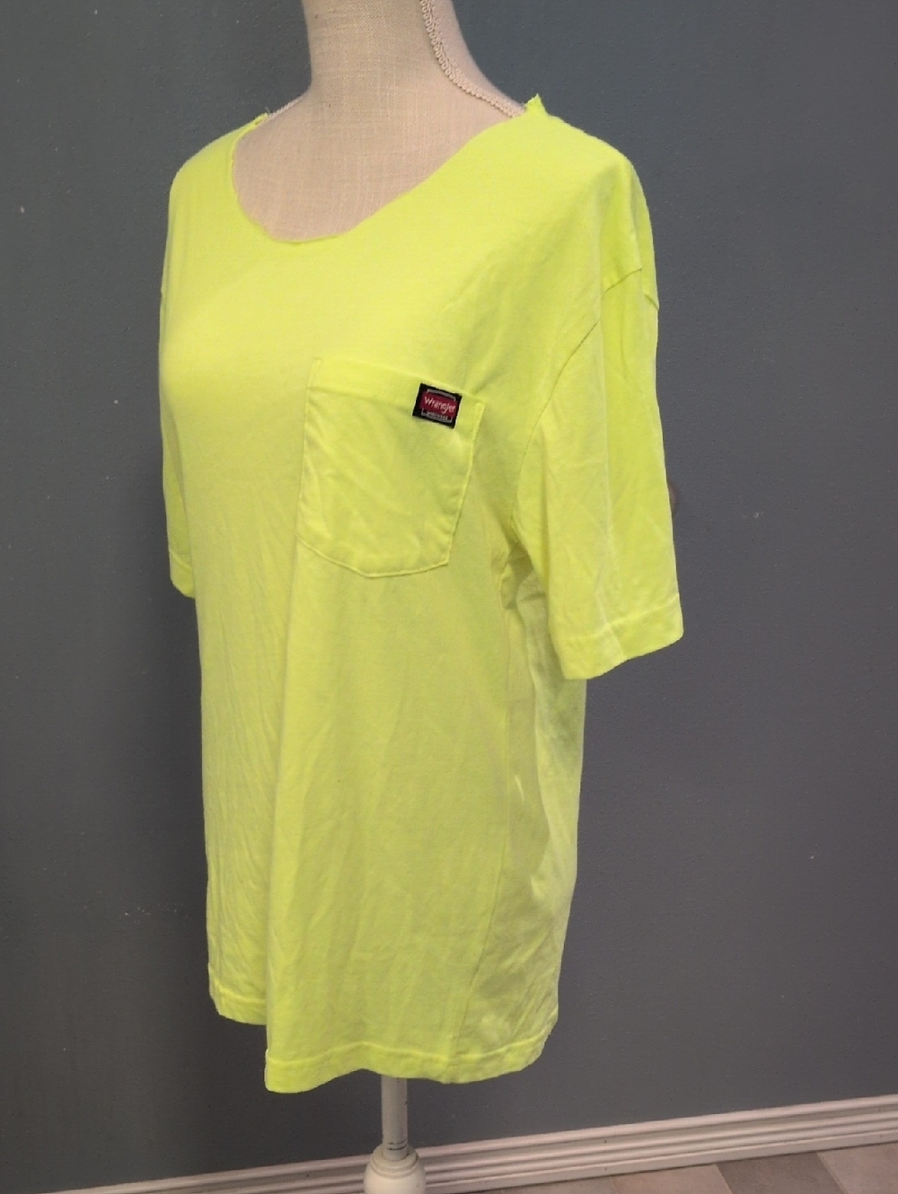 Wrangler Raw Hem Off The Shoulder Cotton Blend Neon Yellow One Pocket Tee Shirt